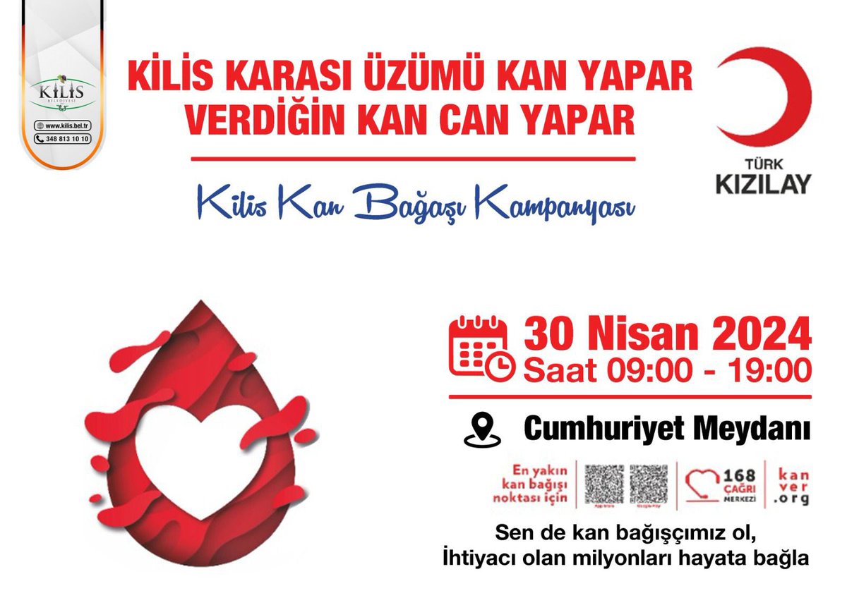 “Kilis Karası Üzümü Kan Yapar Verdiğin Kan Can Yapar” temasıyla kan bağışı kampanyası düzenliyoruz. 📆 30 Nisan’da Cumhuriyet Meydanı’nda gerçekleşecek kampanyamıza kan bağışı yaparak bir hastaya umut olabilirsiniz!