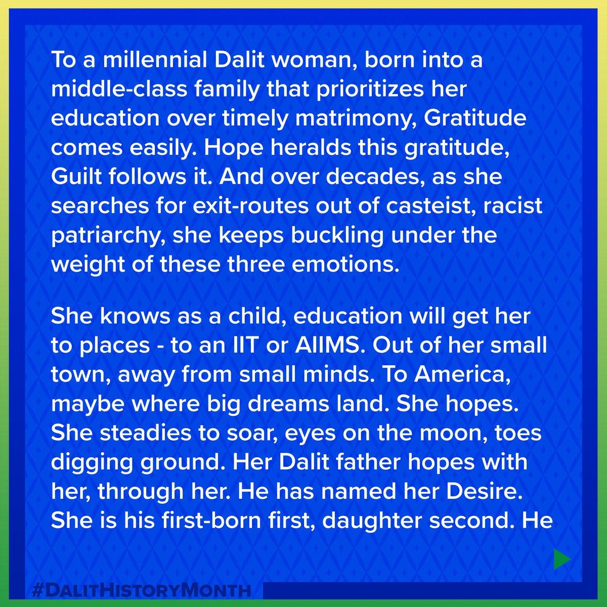 dalithistorynow's tweet photo. 1/ Our fourth #DHM submission is a reflection on what it means to be “free in an unfree world.” “My Dalitness Saved Me” is a stunning story submitted by Akanksha Prakash and an honest exploration into having an identity that is both Dalit and American. https://t.co/FnphtPG3xV https://t.co/cHdiAN9gtS