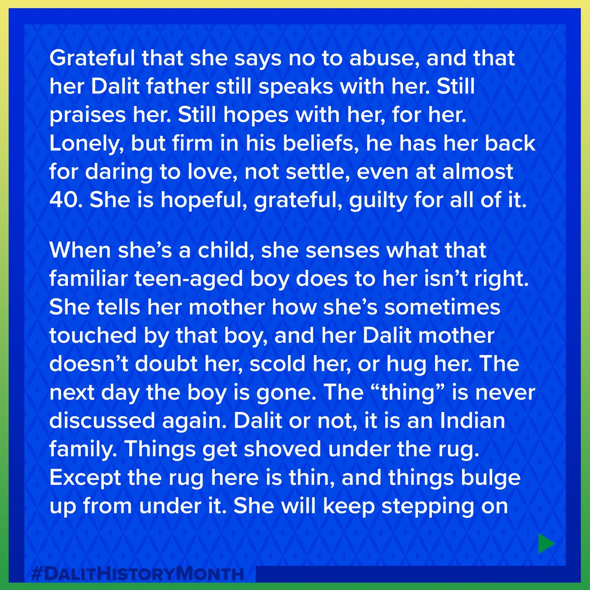 1/ Our fourth #DHM submission is a reflection on what it means to be “free in an unfree world.” “My Dalitness Saved Me” is a stunning story submitted by Akanksha Prakash and an honest exploration into having an identity that is both Dalit and American. dalithistorymonth.medium.com/my-dalitness-s…