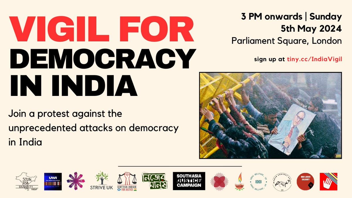 Thank you @SAsiaSolidarity for inviting us to be part of this critical Vigil on Sunday, May 5th @ Parliament Sq, London: For Democracy. For Justice. For Peace. #IndiaElection2024 #Manipur Proud to co-host with @UKIMCouncil @ScotInd4Justice @Peacein_India @StriveUKOrg…