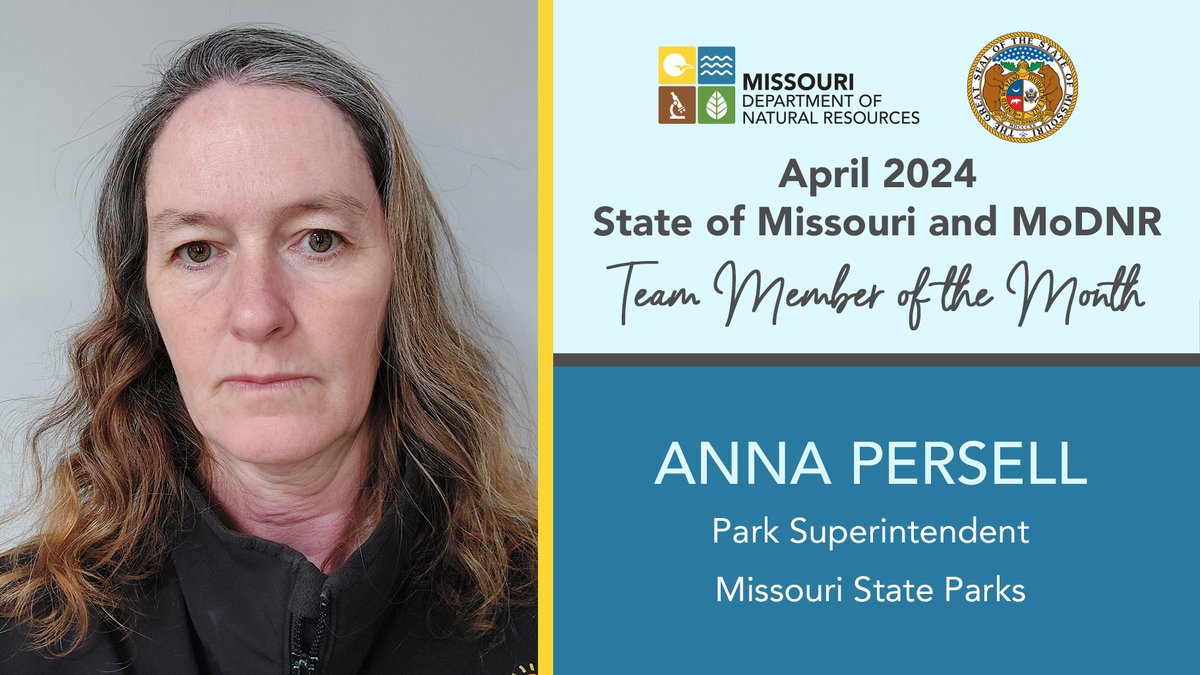 Congratulations to Anna Persell, park superintendent at Crowder State Park, for being named not only the MoDNR Team Member of the Month, but also the State of Missouri Team Member of the Month!

Learn more about Anna’s recognition at ow.ly/49eB50RqVwa.

#WeServeMo