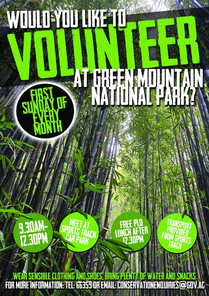 Join us this Sun- 5th May to #volunteer on Green Mountain National Park. Free lunch provided to all those that attend 😋
