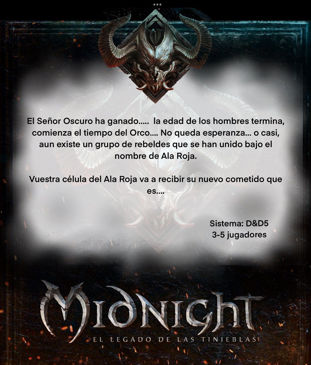 Primera partida de rol de "Héroes de grafito".

El legado de las tinieblas

- Ambientación: Midnight
- Sistema: Dungeons &amp; Dragons 5e
– Horario: Tarde 16:00~20:00
– Jugadores: 3-5

Inscripción: heroesdegrafito@gmail.com