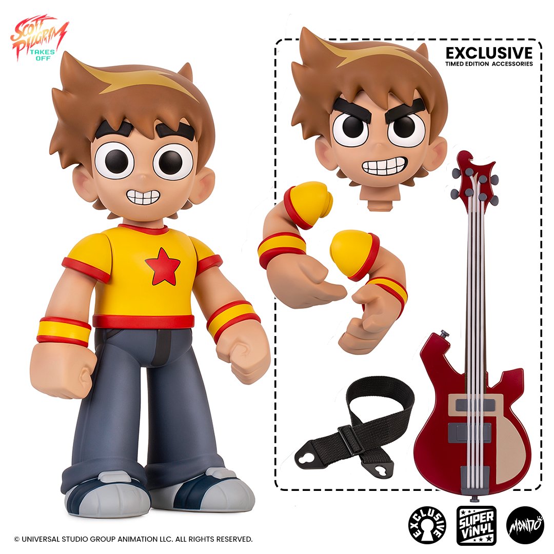 Standing 15” tall, our Scott Pilgrim Super Vinyl Figure features retro fist launching action! Complete with swappable arms and portraits, plus his trusty bass guitar, the 72-hour Timed Edition is on sale TOMORROW at NOON CT through Friday, May 3 at NOON CT.