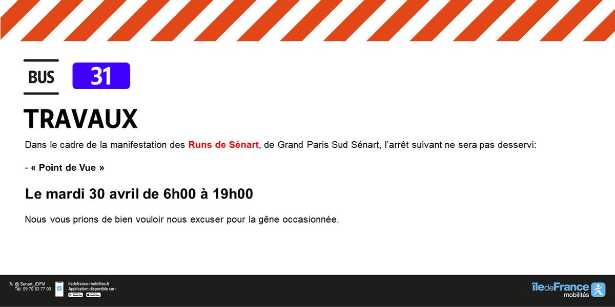 🏃‍♂️#InfoTrafic #ligne31
📆Du mardi 30 avril de 6h à 19h
L' arrêt Point de Vue supprimé
@grandparissud