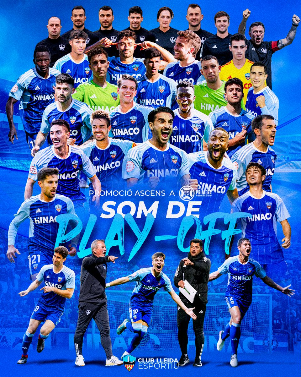 LleidaCF's tweet photo. Som de play-off! Ha estat un camí dur, tots volíem l’ascens directe, però ara toca centrar-nos en el play-off. Ha estat una gran temporada i podem estar molt orgullosos. Continuem endavant amb força i determinació! 💪⚽️ #SomDePlayOff #LleidaEsportiu #Objectiu1aRFEF https://t.co/1AGqmPrCn2