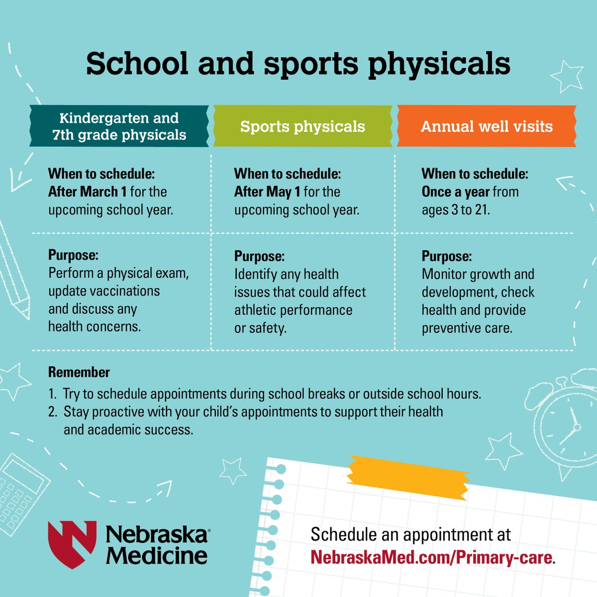 Now is the perfect time to schedule kids' annual physicals! Visit one of our ten family medicine locations across the Omaha metro. Schedule an appointment at NebraskaMed.com/Primary-care. How are you helping your kids stay healthy and active this summer? Comment below!