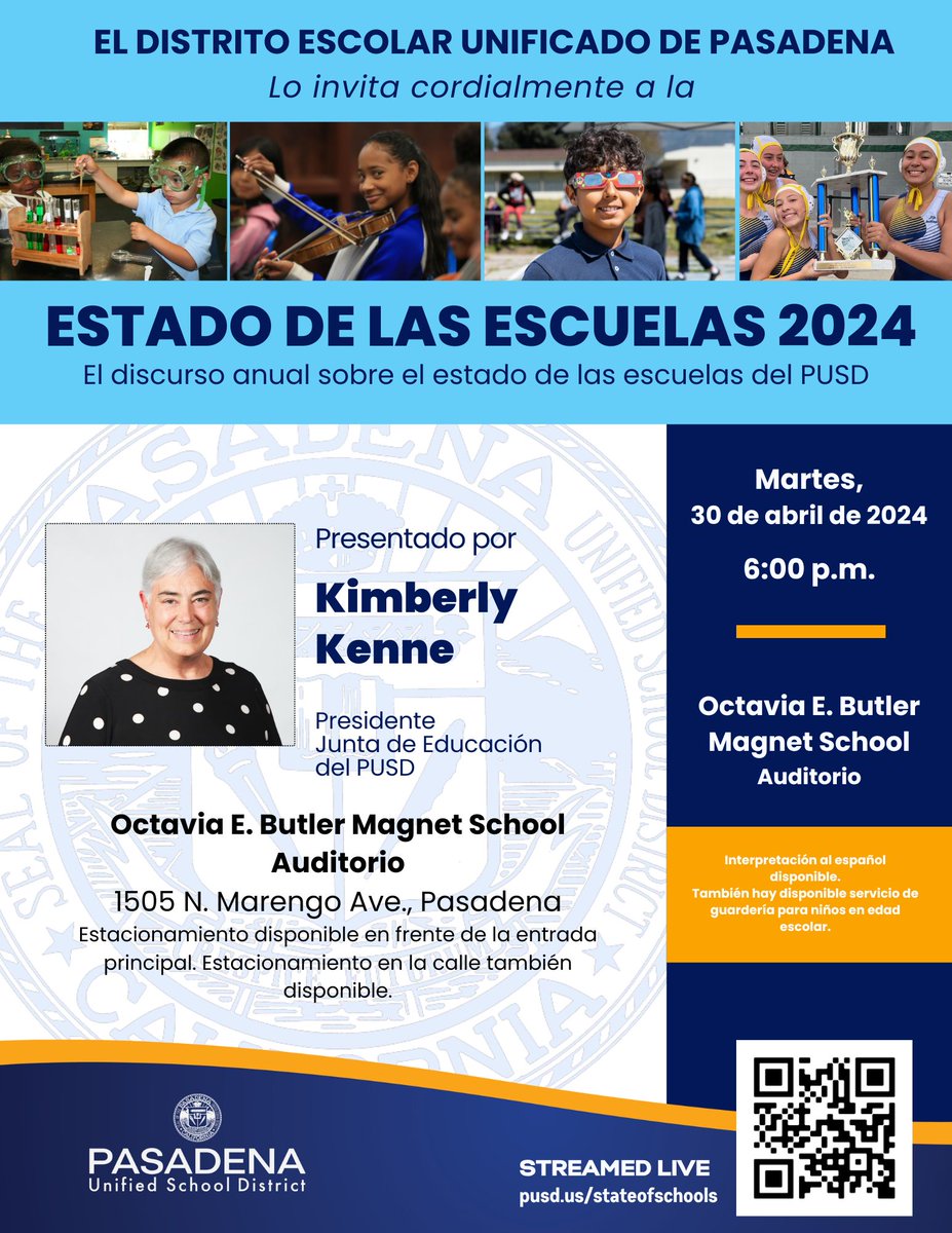 #PUSD's annual State of Schools is tomorrow. You’ll hear student presentations & Octavia E. Butler's glee club🎶 Newly appointed Superintendent, Elizabeth Blanco, Ed. D., & President of the Board of Education, Kimberly Kenne, will also speak. Watch at pusd.us/stateofschools 👀