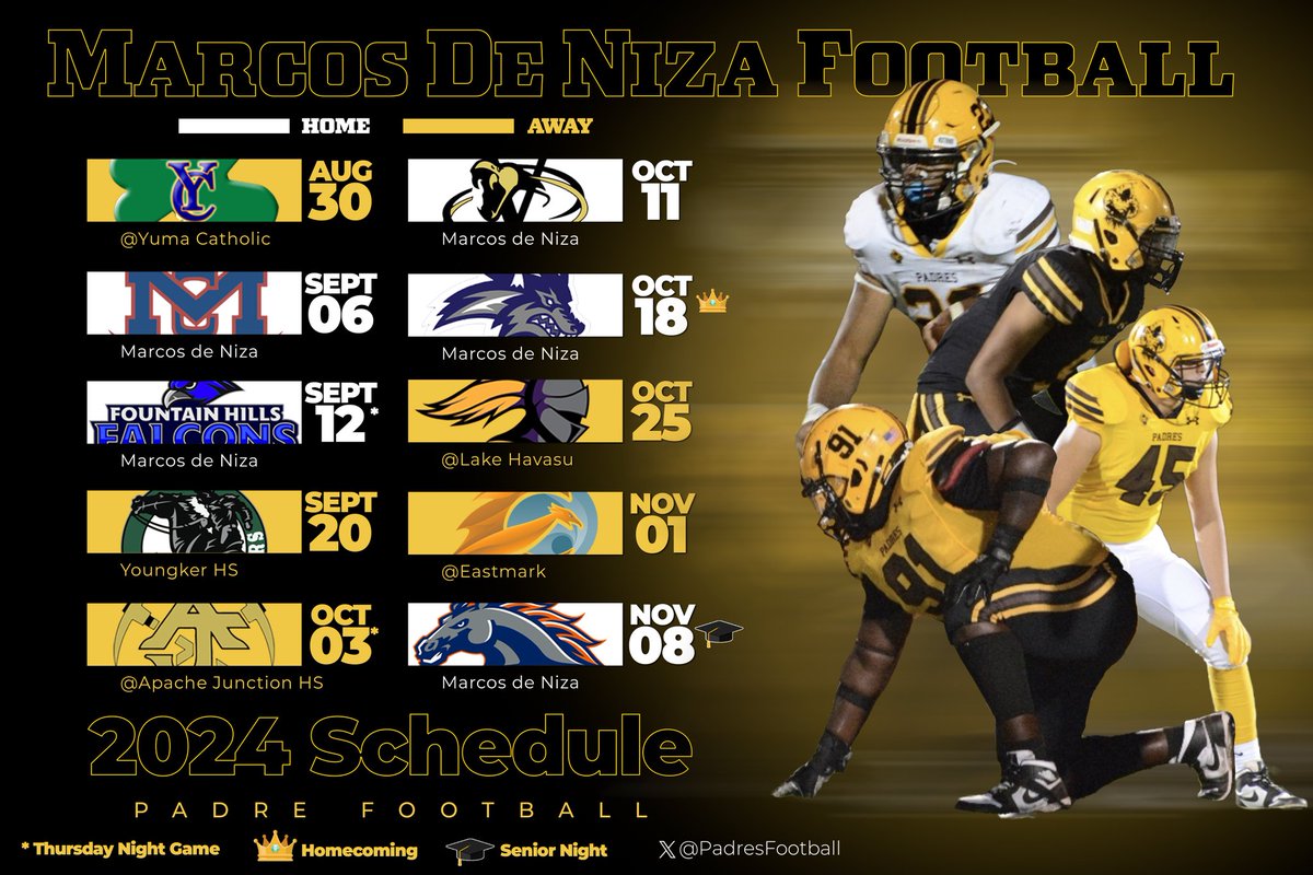 PadresFootball's tweet photo. 2024 Padre Football Schedule 🔔

#NextLevelPadres //#PadrePower
@MdNAthletics //@PadresFootball

🔥@90EastDesign 👈 https://t.co/wskFOJ6Qlc