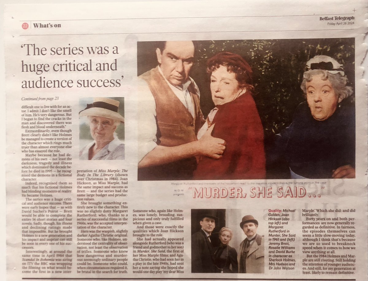 Here’s the piece from the @BelTel last week celebrating 40 years of Brett and Joan Hickson. We all have a favourite Holmes and Marple—these two are mine. And I really must get around to writing a Holmes pastiche set in Belfast in the 1880s/90s