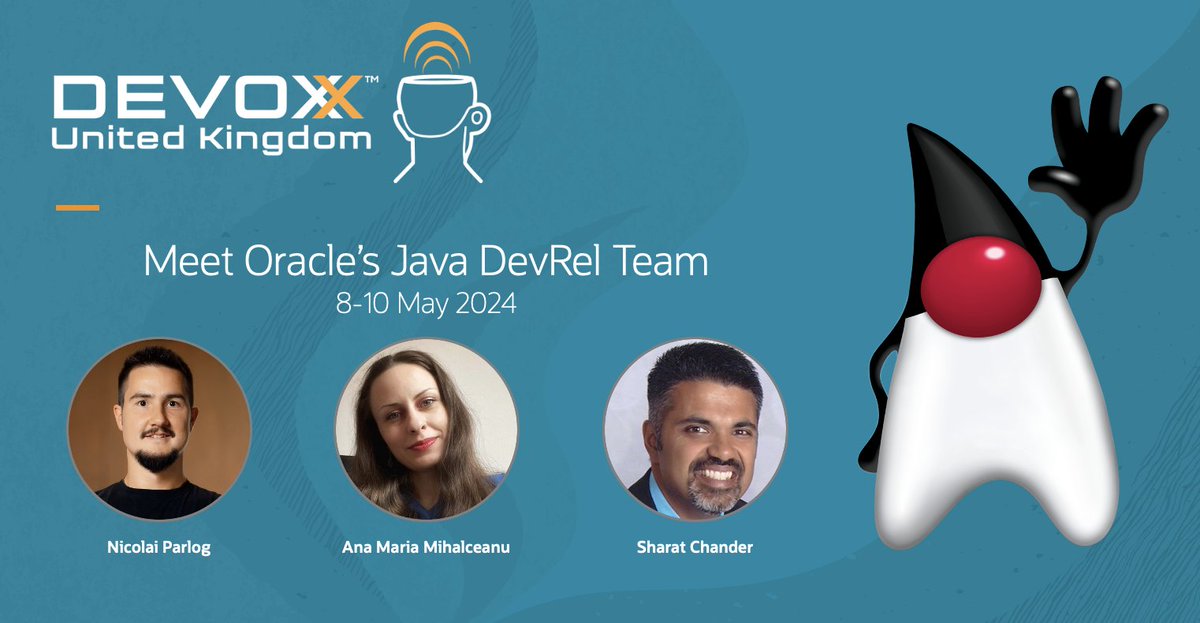 #Java devs... Reminder that you can meet @Oracle's @Java DevRel Team at this year's @DevoxxUK conference! Please join @nipafx @ammbra1508 and me (May 8-10)! We'd love to meet you! Register now: devoxx.co.uk