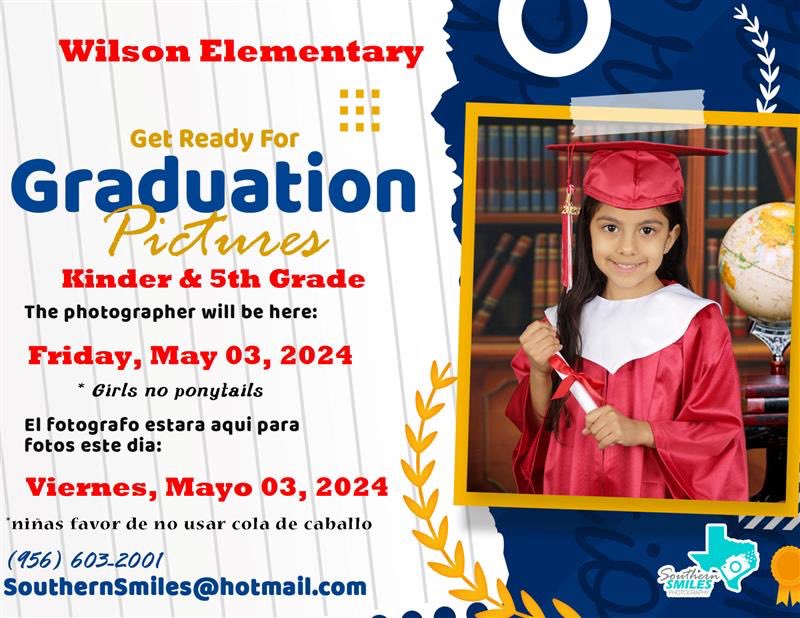 KINDERGARTEN & 5th GRADE PARENTS: This Friday, May 3rd, we will be having graduation photos taken. Please make sure there are no ponytails. Thank you! @Erikardz11G @Karime_Flores7