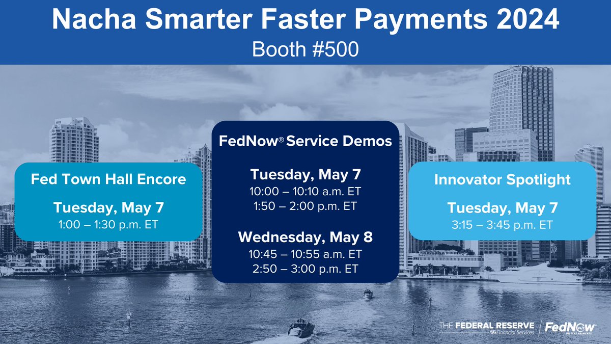 Attending @NachaOnline Smarter Faster Payments 2024 next week? Hear from #Fed experts throughout the conference and be sure to stop by our booth (500) to engage on advancements in #payments. Details: fedlink.org/Yfrh50RpzLf #Payments2024 #banking #FedNow #financialservices