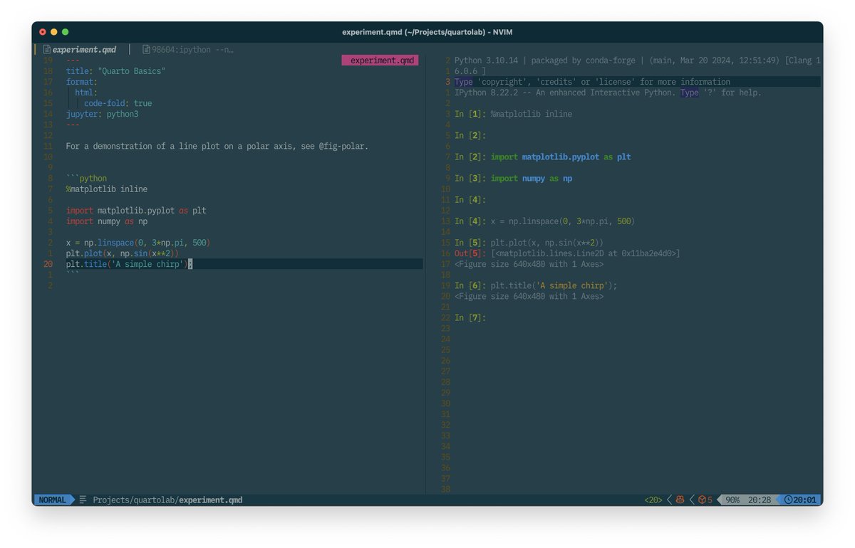 Hi Twitter, is there any way to display @matplotlib plots directly in iPython please? I use @Neovim and @quarto_pub to code and send the code to ipython. My terminal is iterm2.