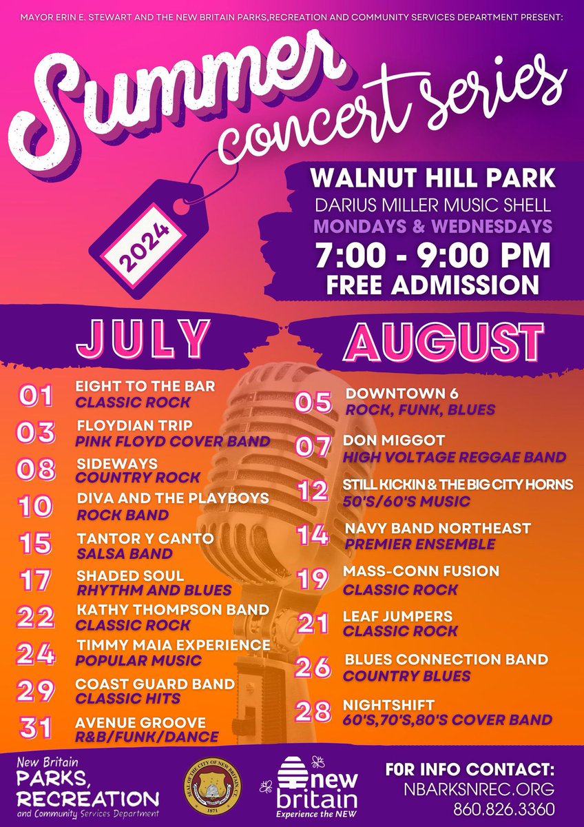 The schedule for the New Britain Parks and Recreation Department's Summer Concert Series at Walnut Hill Park has been announced! 💛🎶 #NewBritain #ExperienceTheNEW @NBParkNRec