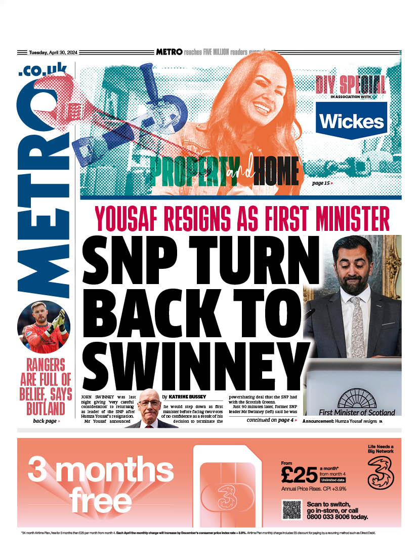 Tuesday's front page                                      

SNP TURN BACK TO SWINNEY            

🔴Yousaf resigns as first minister   

#scotpapers #skypapers #bbcpapers