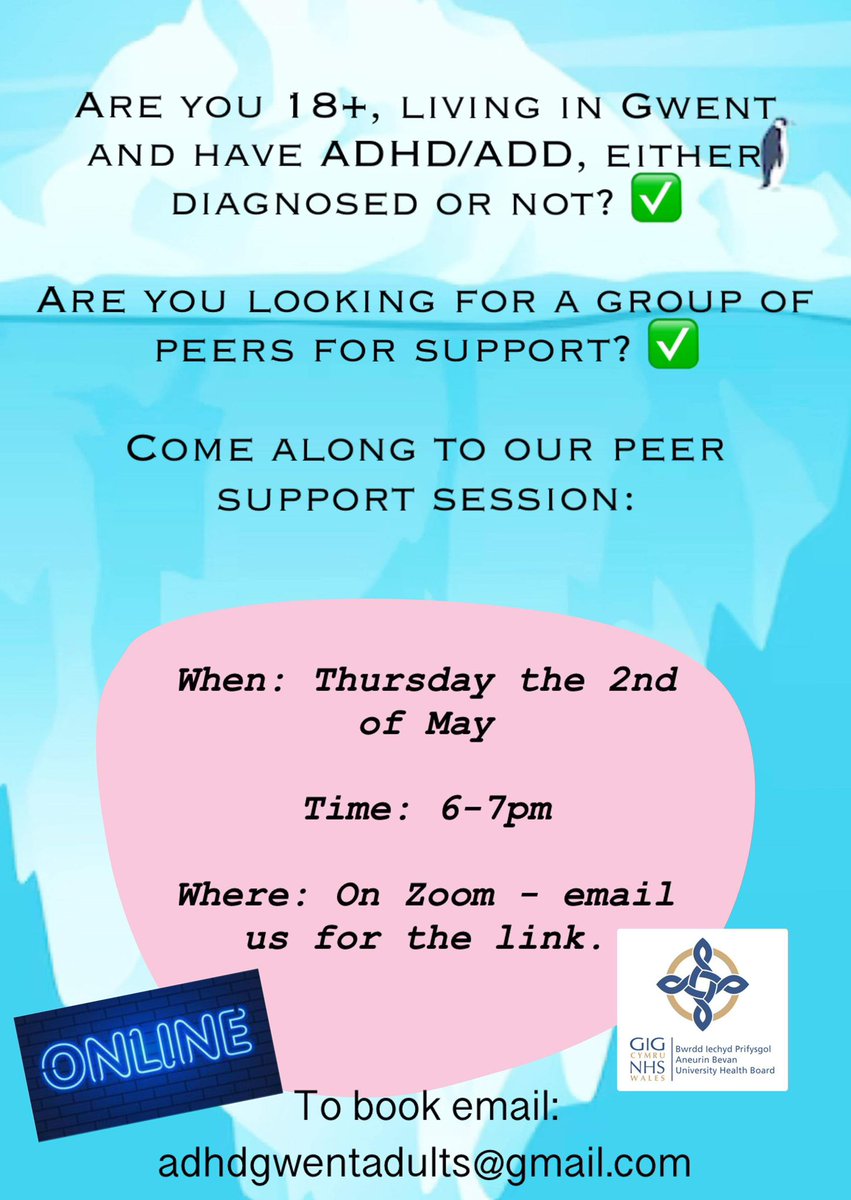 Two groups this week for Gwent #ADHD Adults. Zoom Online Thursday 6 pm In Person Newport Friday 11 am - 1 pm Please join us. No diagnosis needed. Please email us on adhdgwentadults@gmail.com @rstanton87 @AneurinBevanUHB #NEST #NYTH #waitingwell #NDIP