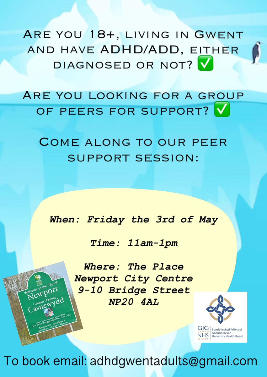 PCamhs's tweet photo. Two groups this week for Gwent #ADHD Adults. 

Zoom Online Thursday 6 pm 
In Person Newport Friday 11 am - 1 pm 

Please join us. No diagnosis needed. Please email us on adhdgwentadults@gmail.com 

@rstanton87 @AneurinBevanUHB #NEST #NYTH #waitingwell #NDIP https://t.co/1W5LyEhDAZ