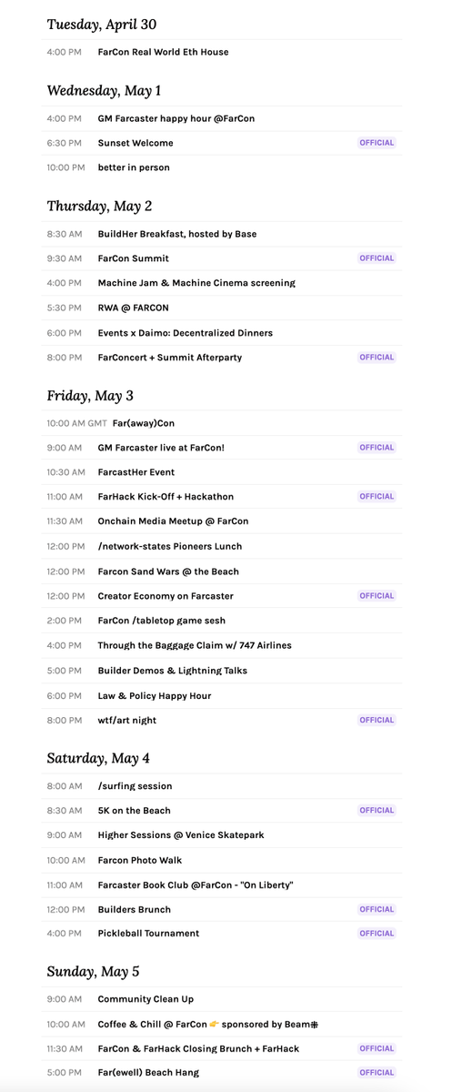 FarCon event calendar Pretty neat to see a 100% community organized conference. Warpcast team did not organize a single event. Link in next tweet.