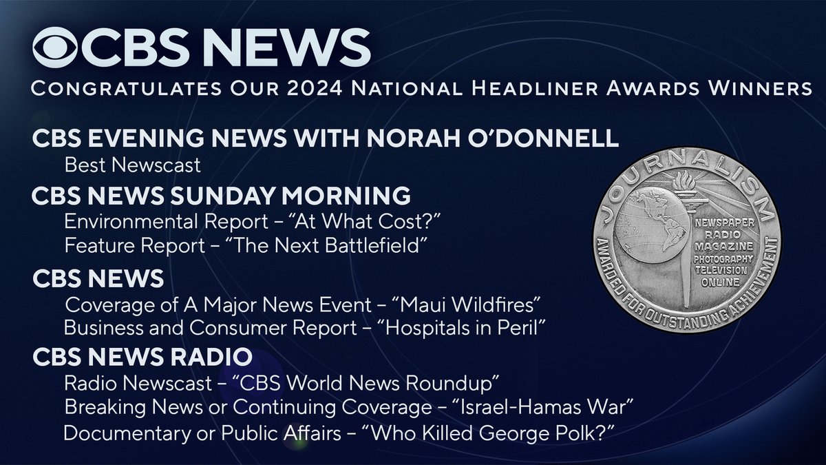 Congratulations to our National Headliner Awards winners at @CBSEveningNews, @CBSSunday, @CBSNewsRadio and @CBSNews. Head here for more on the winners: bit.ly/3WD3fl9