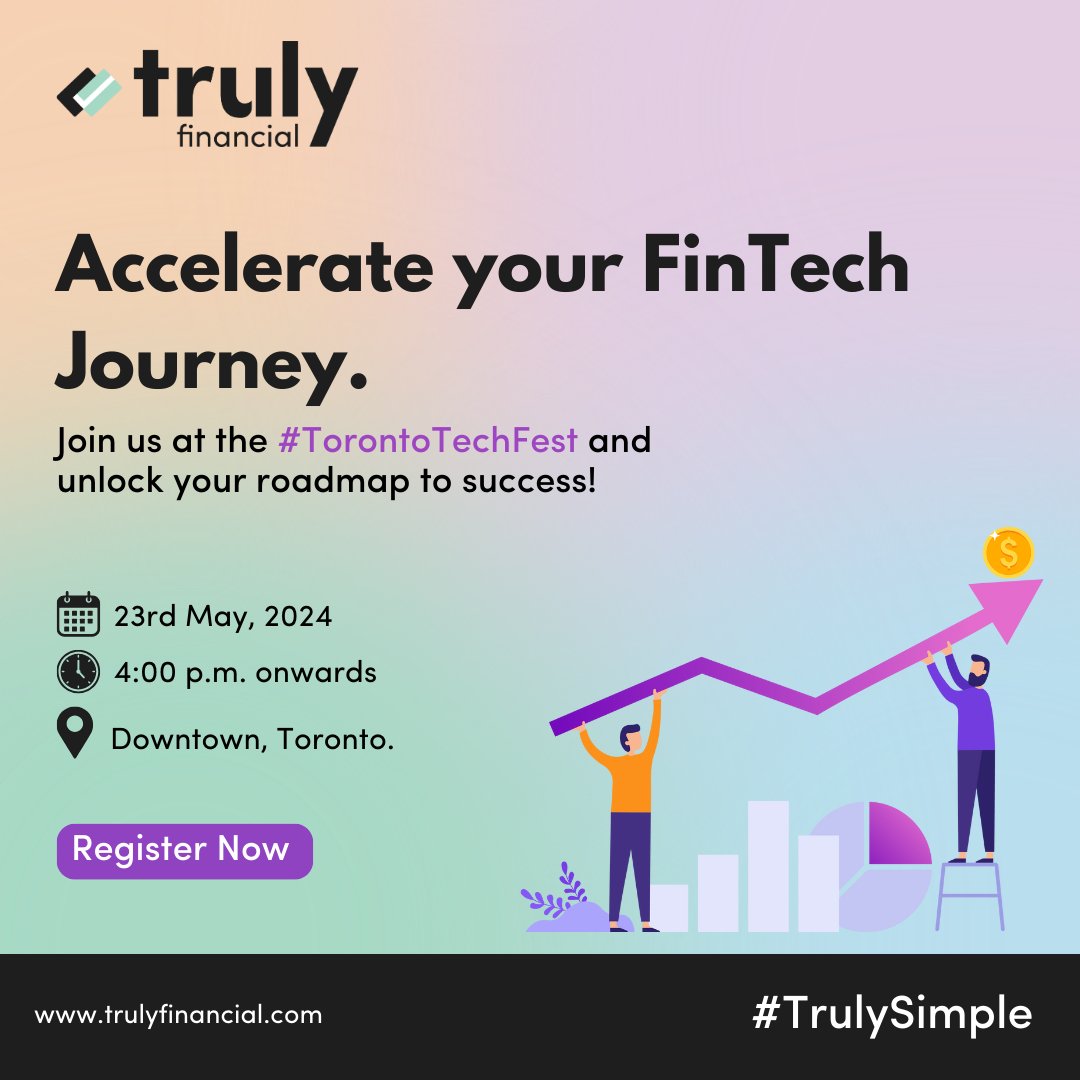 Join us at the panel discussion on "Navigating the Canadian Fintech Maze" at the #TorontoTechFest 2024.

🗓️ Date: 23rd May, 2024
🕒 Time: 4 p.m. to 7 p.m. EDT
📍 Location:  Downtown, Toronto. 
🎟️ Registration: bit.ly/3WjS949

#TrulyFinancial #FintechEvent #TechFest