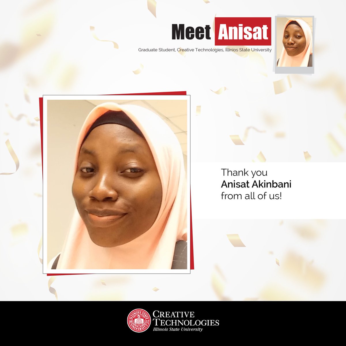 Meet Anisat Ahmed, one of our CTK Grad students.
She is an amazing front end engineer and we are glad she chose our program.

#CTKStudents #ctkisu #CreativeTechmologies #IllinoisStateUniversity #CollegeStudents #StudentSpotlight #WomenInTech