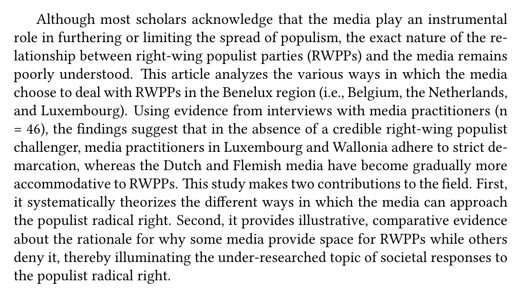 populism and the #RadicalRight L. de Jonge. “The Populist Radical Right and the Media in the Benelux: Friend or Foe?” In: The International Journal of Press/Politics 24.2 (2019), pp. 189-209. dx.doi.org/10.1177/194016….