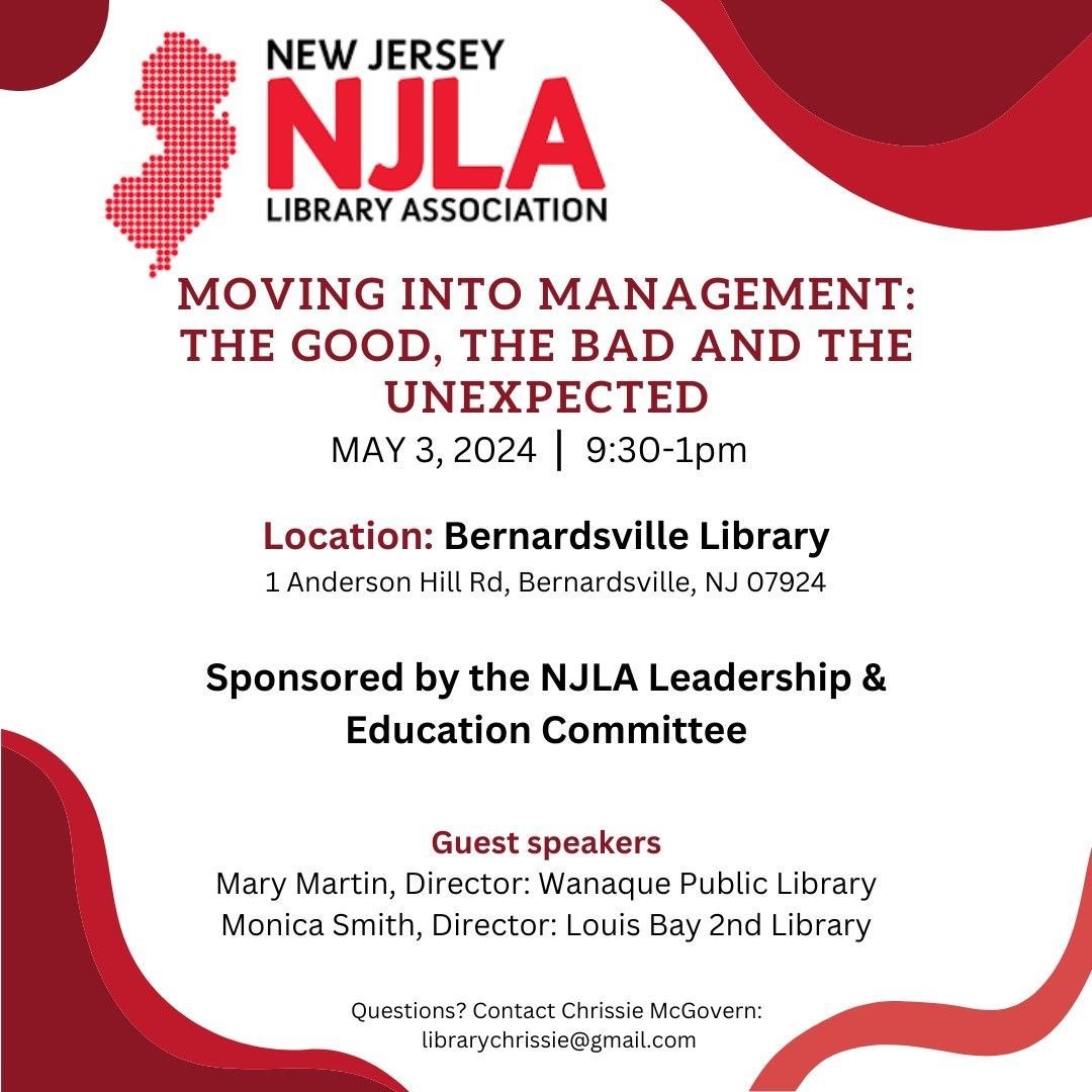 Thinking about taking that next step into management? Join us for a lively discussion filled with all of the management related things you didn’t learn in library school. May 3rd, Bernardsville Public Library. Register at buff.ly/3xYP6V1