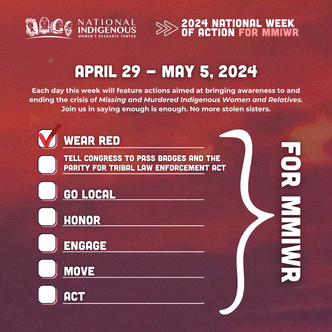 It's National Week of Action for MMIWR. Wear red today in honor of MMIWR. ❤️ See our website for more resources and actions to take for NWOA 2024: niwrc.org/mmiwrnatlweek24 #MMIWR #MMIWRActionNow #NoMoreStolenSisters #NoMoreStolenRelatives