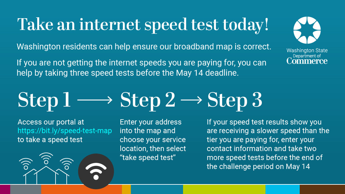 The Washington State Broadband Office has a challenge portal open through May 14. Residents can help by completing a speed test to confirm service speeds at your location. Access our challenge portal: bit.ly/speed-test-map Learn more: bit.ly/4b8hPVq