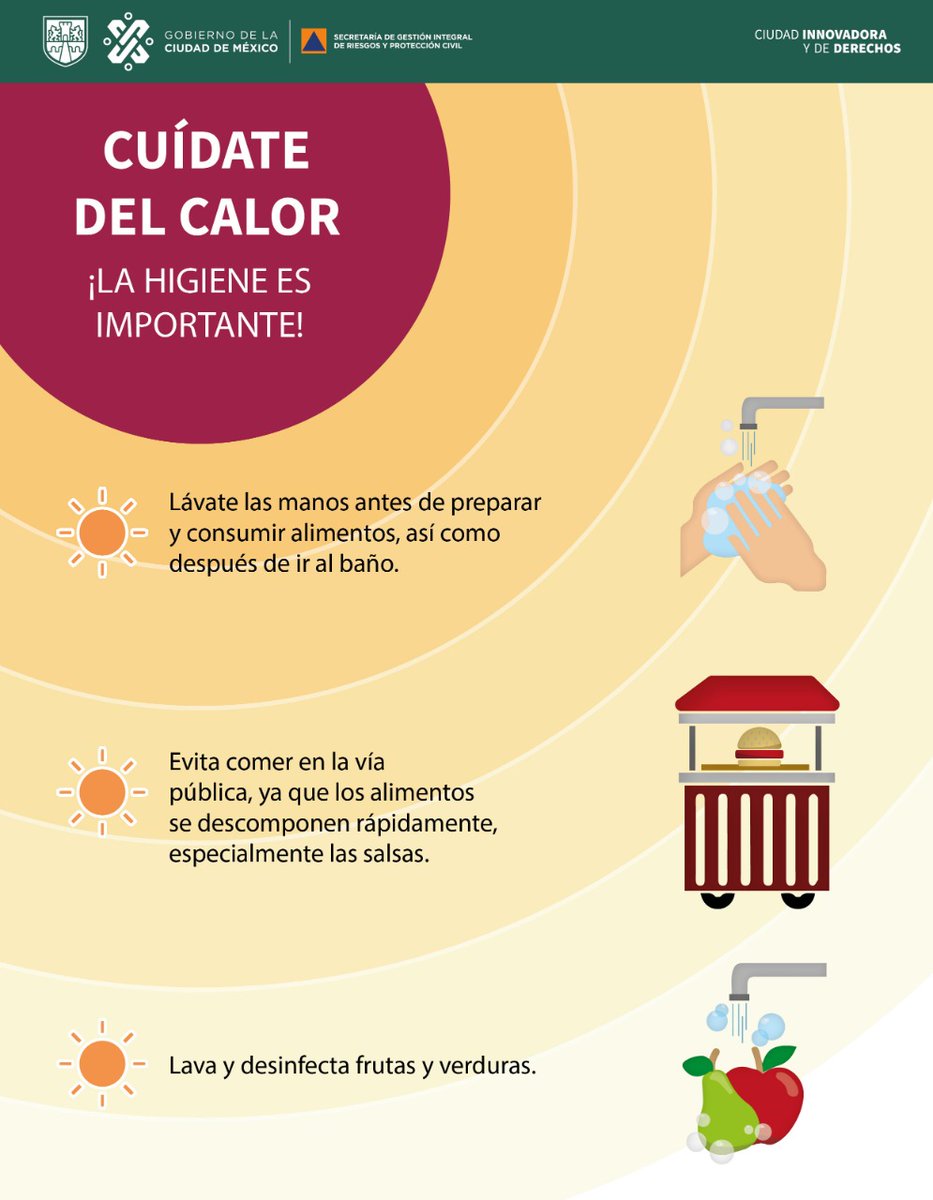 En esta época de calor, sigue las recomendaciones: 🟡Utiliza gafas y gorra 🟡Usa bloqueador 🟡Mantente hidratado 🟡No exponerse al sol por tiempo prolongado 🟡Evita comer en la vía pública, los alimentos se descomponen rápidamente #LaPrevenciónEsNuestraFuerza