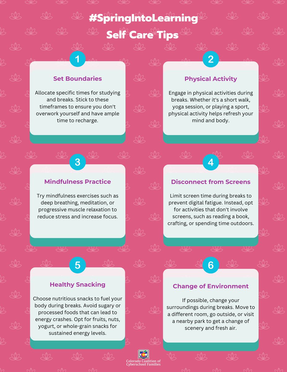 CO_CyberFams's tweet photo. As we dive into the final weeks of the school year, don't forget to take breaks and recharge. Self-care is just as important as academic success! Share your favorite self-care routine using #SpringIntoLearning. https://t.co/fdYkXU0y0G