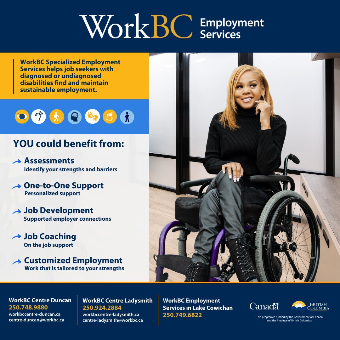 WorkBC Cowichan will work with you to help you overcome any barriers preventing you from getting your forever job. Contact us today to take advantage of our FREE services. 250-748-9880. #workbc #cowichanvalley