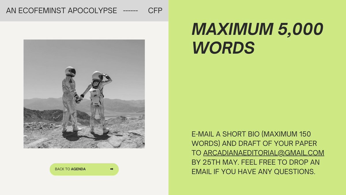 ArcadianaE's tweet photo. 🌍 Call for Posts: An ecofeminist Apocalypse 📚 Deadline: May 25th; Max 5,000 words

Submit your draft to arcadianaeditorial@gmail.com with a short bio (max 150 words) by May 25th. 
#Ecofeminism #Literature #Apocalypse https://t.co/EYM5sA6Nw9