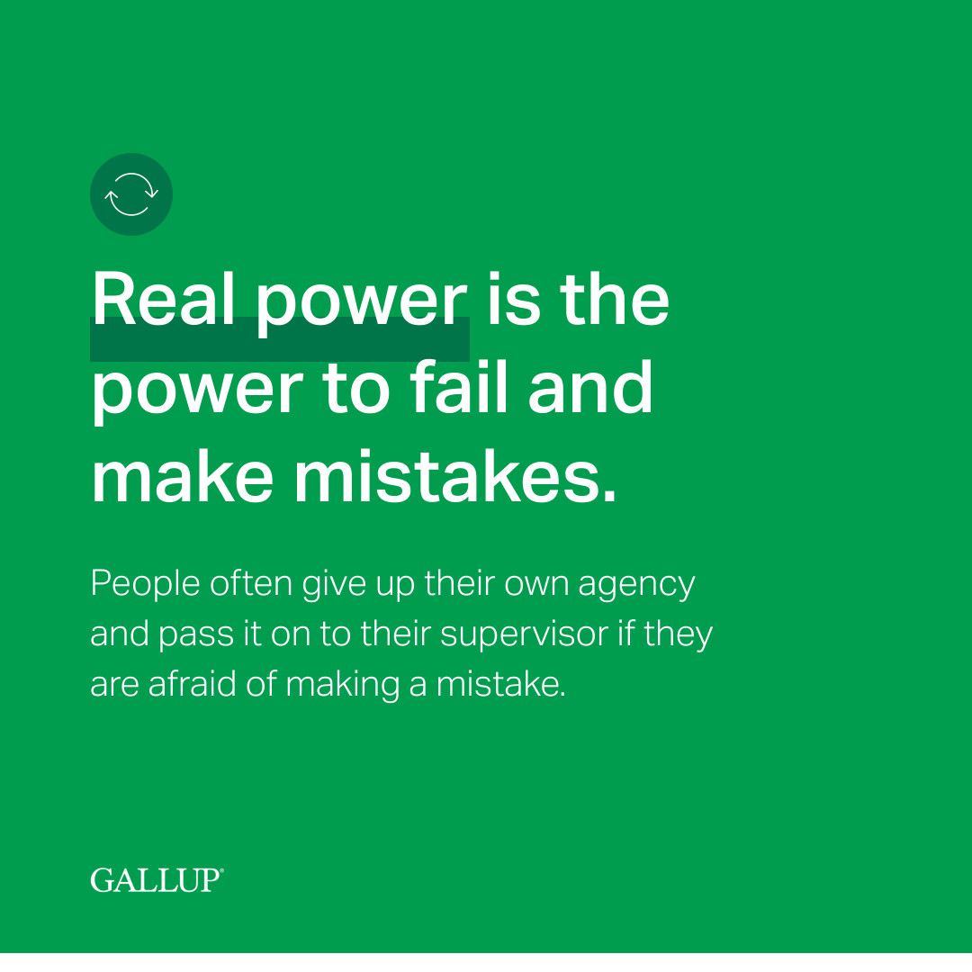 Leaders should identify decision points and decide if they can move them closer to the action. Shifting responsibility to someone else may avoid mistakes, but it won’t build a creative or courageous workplace culture. on.gallup.com/4b9294s