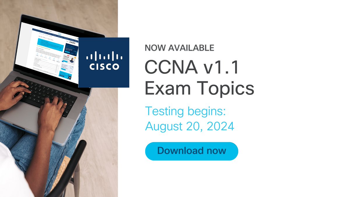 AI, machine learning, and Terraform. Stay ahead of the 200-301 CCNA exam updates before they take effect on August 20, 2024. 👉 Download the CCNA v1.1 exam topics now: cs.co/6010jBqDp #CCNA #CiscoCert