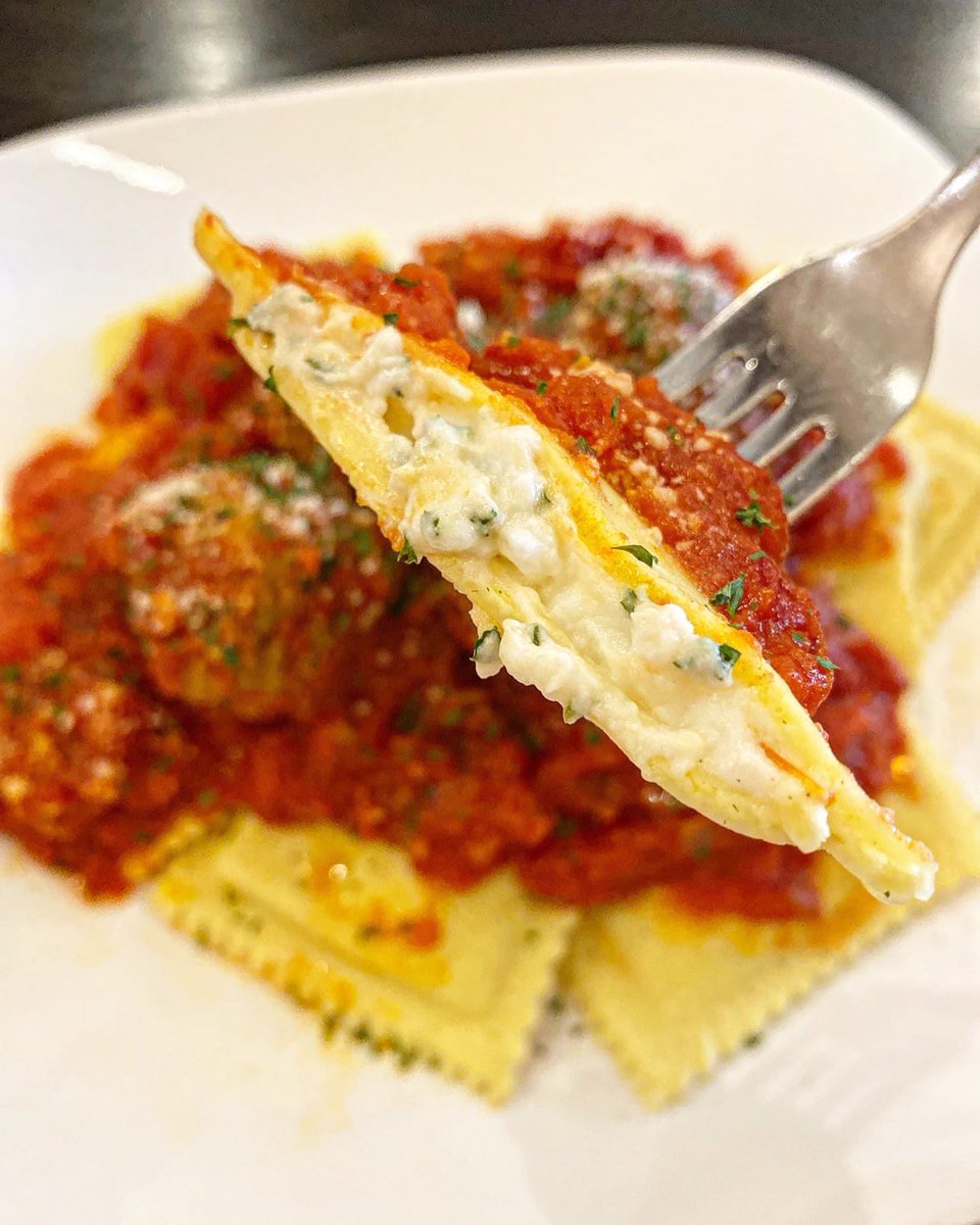 Ricotta-Stuffed Ravioli, topped generously with sauce & meatballs.🍝 Join us at Pat’s Pizzeria in Lewes every Monday & Tuesday for this filling special, all for just $15.49, including a dinner salad & garlic bread.

#mondayspecial #ravioli #ricotta #pastaspecial #mondaydinner