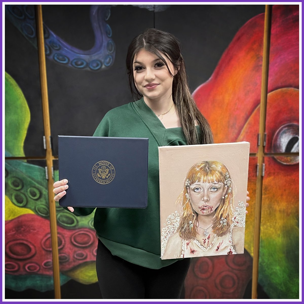 DVC senior Ava Rega was recognized as 'Best in School' for her piece 'Frankie' during the sixth district congressional art show at @MontCollegeArt. The piece is mostly acrylic paint with accents of colored pencil and pastel chalk. Well done Ava! #WeAreShawsheen