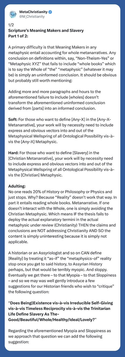@DJHammurabi1 Scripture’s Meaning Makers and Slavery

Obviously the following are problematic methods:

A swath of History = Metaphysics
A swath of Assyriology = Metaphysics

That’s uncomplicated and yet it’s an oddly common praxis —>

(A) Link x.com/m_christianity…
(B) Etc. ↘️