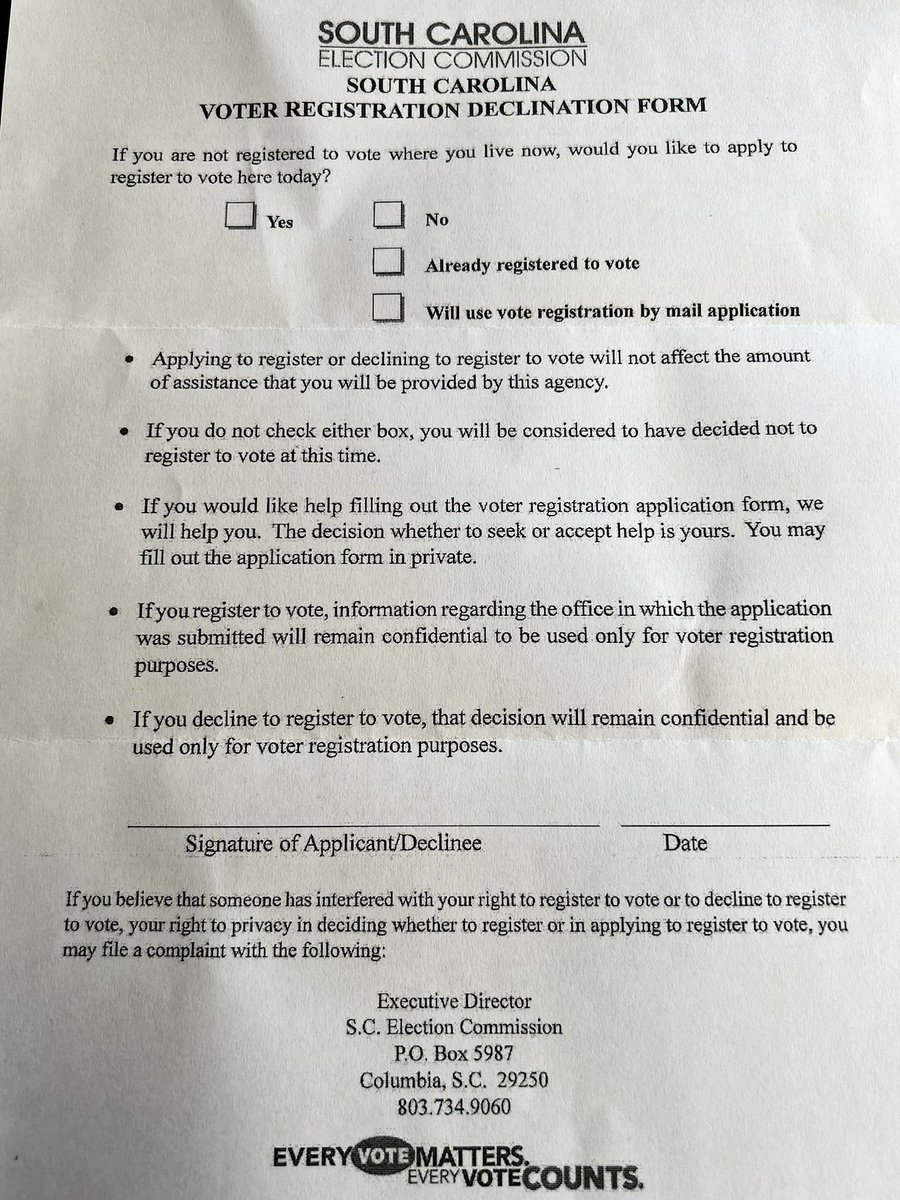 🚨BREAKING: A South Carolina State Representative discloses that voter registration forms are being distributed to non-citizens by the federal government. A refugee received this form with her packet at the Social Security Office in Spartanburg. Source: @RepAdamMorgan