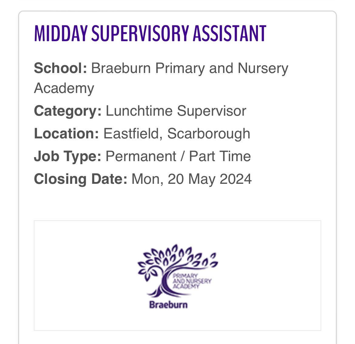 We are recruiting for a Midday Supervisory Assistant! Come and join our team 💜 eboracademytrust.co.uk/vacancy/?Categ…