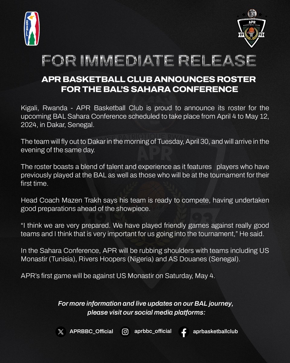 The moment you've all been waiting for! Here is our roster for the BAL's Sahara Conference. #BAL4 #VisitRwanda