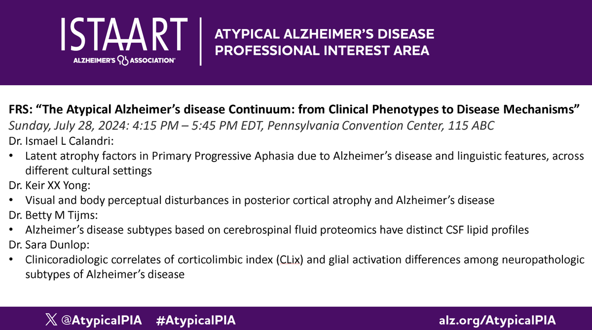 The @AtypicalPIA will hold a Featured Research Session during the #AAIC24. This symposium will inform and update clinicians and scientists about the variety of atypical AD and the implications of extreme disease heterogeneity, in the dawning era of personalized medicine.
