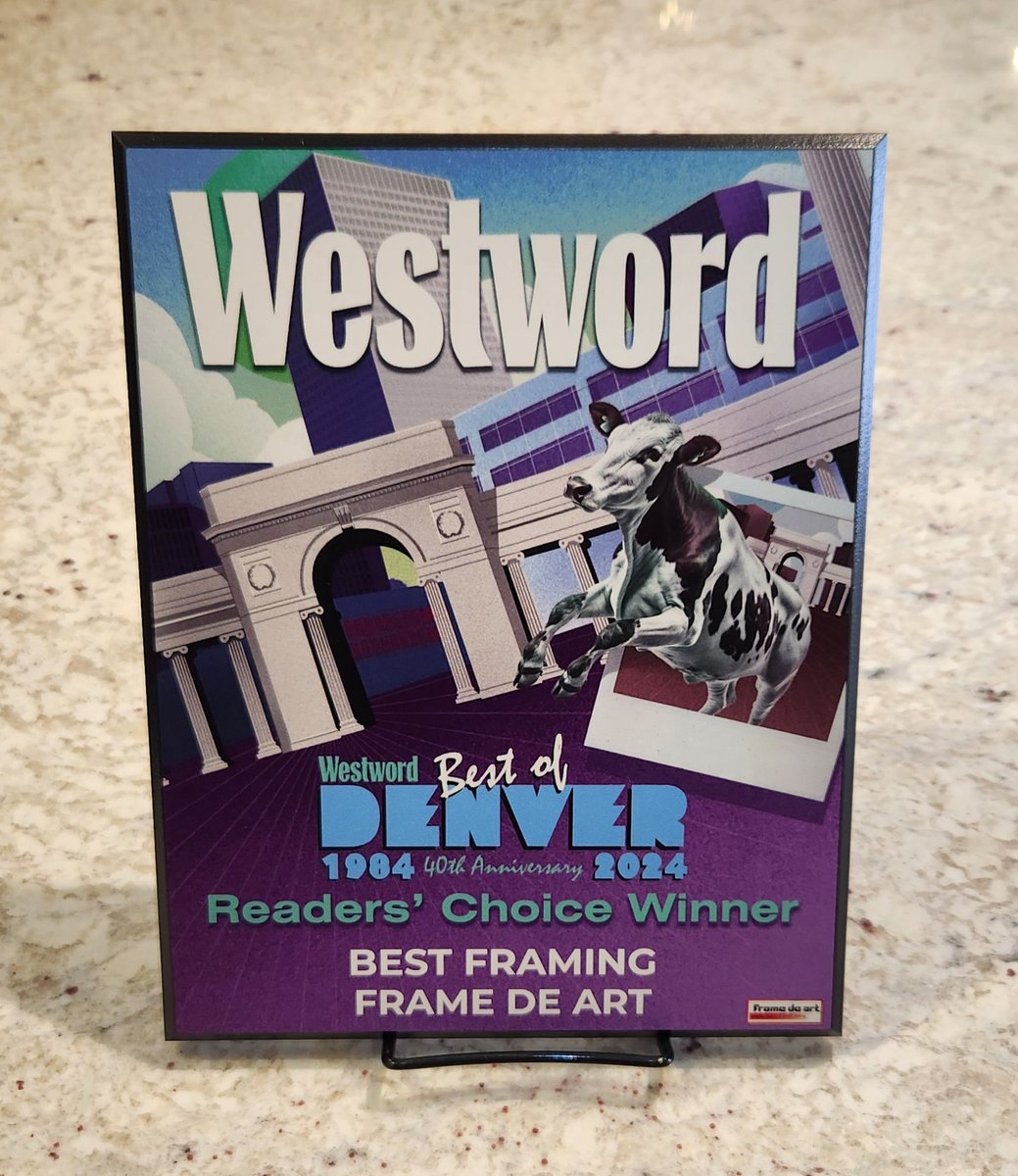 Proud to have our 2024 Westword’s Best of Denver Reader’s Choice Winner, “Best Framing” Plaq now on display at our store!  Every Reader’s Choice and Editor’s Choice plaq in the City will have our Frame de Art Logo on the bottom right!  

#ReadersChoice #BestFraming #Westword