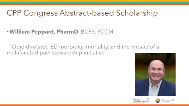 The CPP Section Congress Abstract-based Scholarship Award recognizes excellence in pharmacist-led ICU research that is consistent with SCCM's strategic goals. Congrats to @WPeppard86220, PharmD, BCPS, FCCM on this award! 🎉  #PharmICU