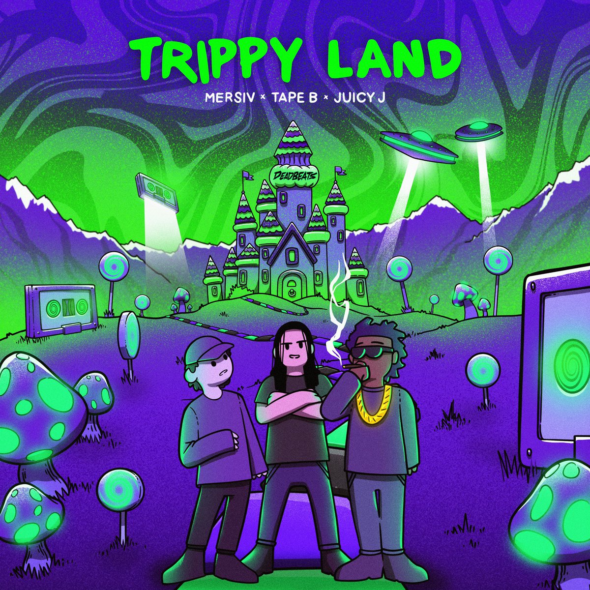 Hey y’all @Tapebbeats and I are releasing our new track Trippy Land with @therealjuicyj on @deadbeats this Friday 🍭🏰 Anyone who presaves will be entered to win a pair of tickets to both Mersiv Rocks & Cinco De Mersiv 🌀 Presave here: laylo.com/deadbeats/Trip…