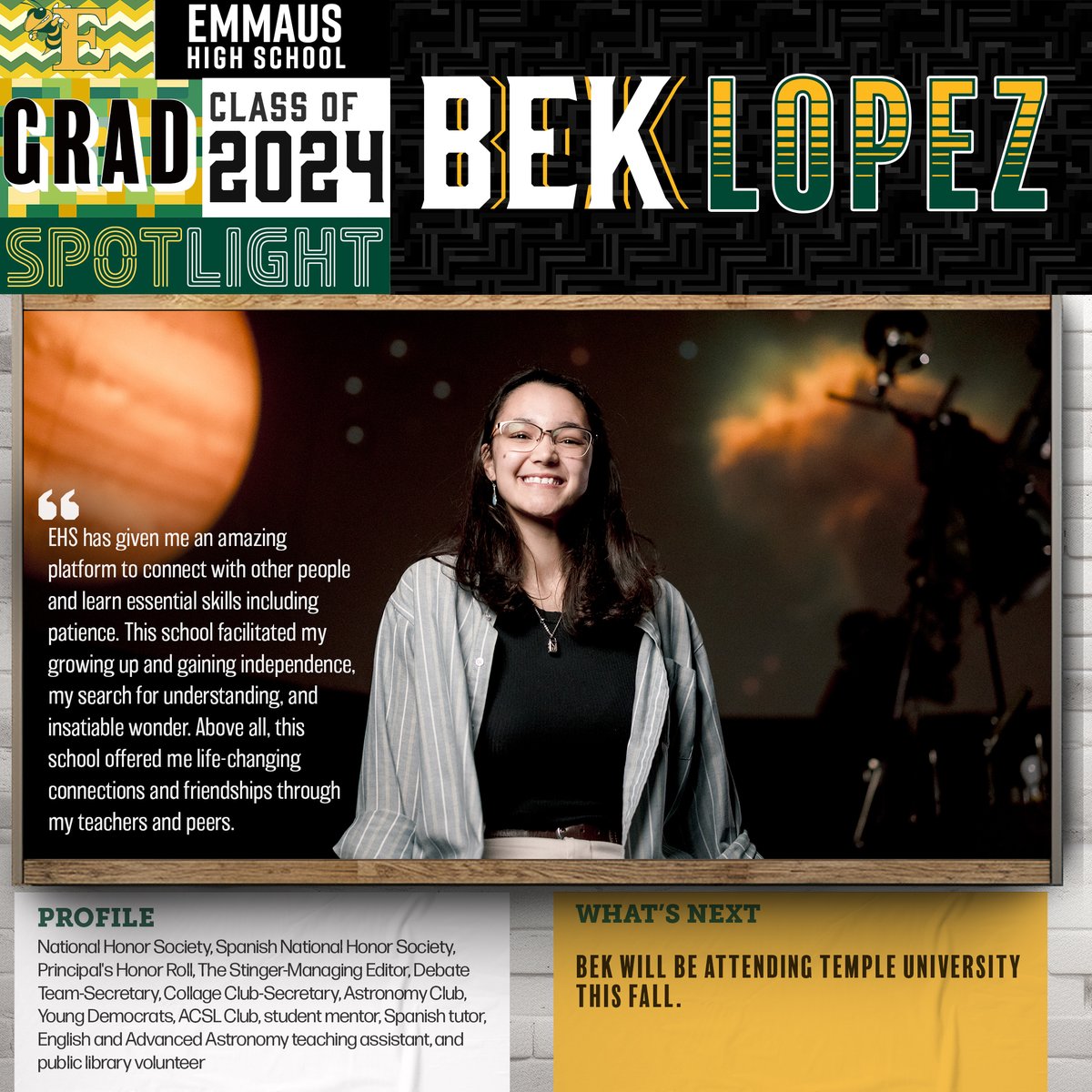 2024 Grad Spotlight -Bek Lopez -How has Emmaus High School prepared you for success after graduation?

'EHS has given me an amazing platform to connect with other people and learn essential skills including patience. This school...

#EastPennPROUD #2024EHSGradSpotlight