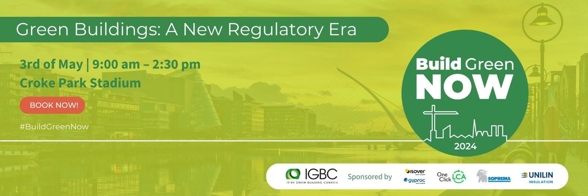 🎟️Tickets still available for @IrishGBC #BuildGreenNow Conference this Friday May 3rd at Croke Park - the sustainable buildings event of the year, with a focus on zero-emission buildings.🌍 More info 👇 🔗ireland.architecturediary.org/event/build-gr…