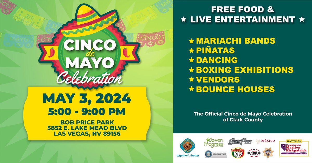 #CincoDeMayo is Sunday!
🇲🇽
Join us for the official #ClarkCounty celebration - it will take place this Friday, May 3rd at Bob Price Park  - 5852 E. Lake Mead Blvd in NE Las #Vegas. 
🇲🇽
There will be free food, live entertainment, mariachi, dancing and more!