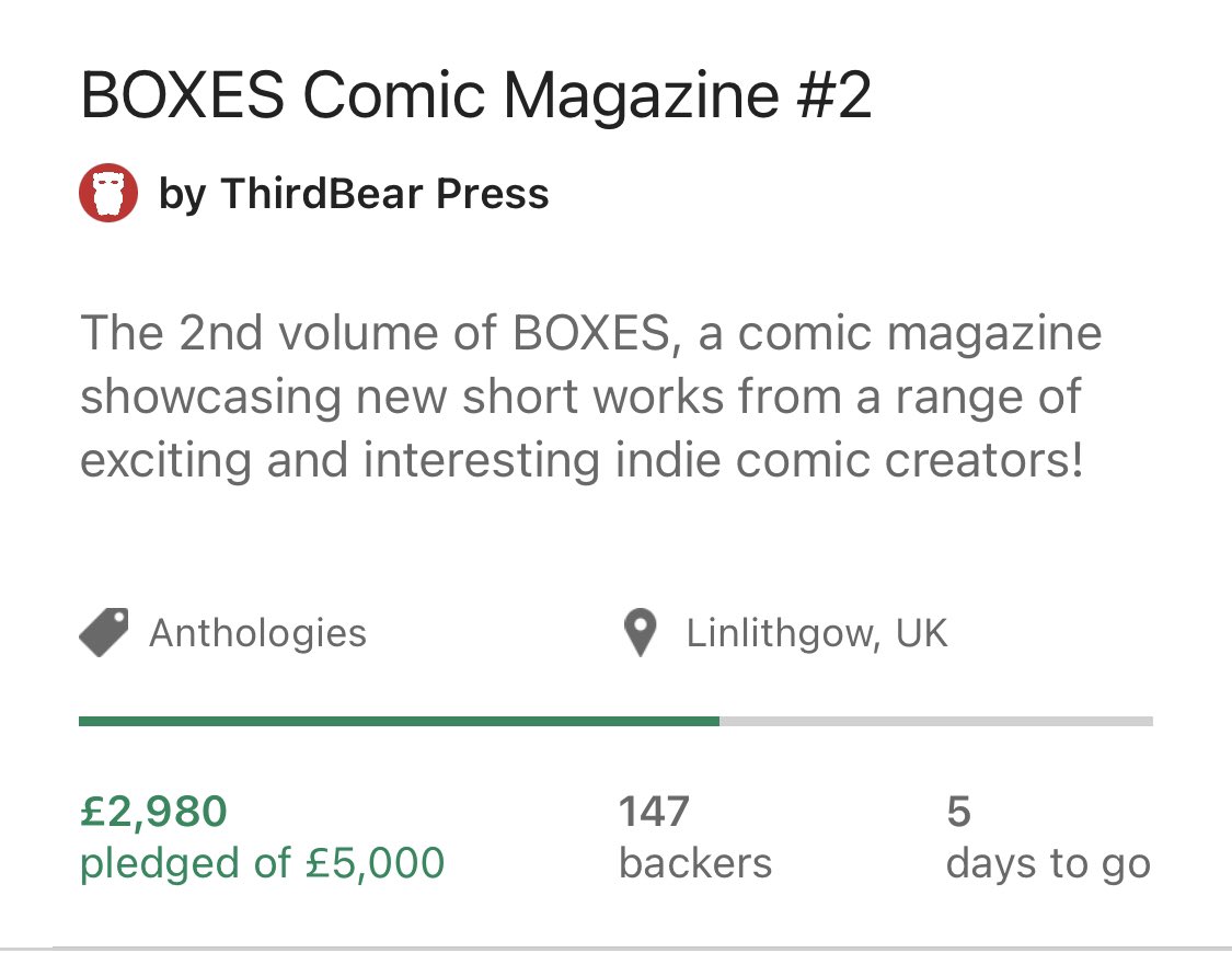 thirdbearpress's tweet photo. The BOXES campaign is slowly but surely ticking up, but by my count we’ll need about 100 more backers in these last 5 days to get over the line. Maybe you’re one of them?

There is some incredible work in this anthology. Have a look to see if you agree: https://t.co/5ZulYl9tqd https://t.co/cKTsjBTACf
